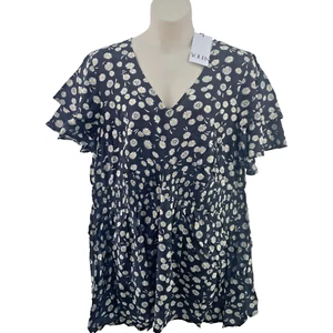 Yours Curve Daisy Print Peplum Top, Flutter Sleeve, Size UK 26-28, Black - Picture 1 of 15