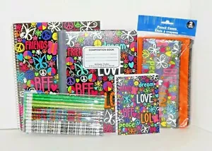 School Supplies Lot 60's Peace Love Notebooks Pencils Cases Erasers Grips 30p - Picture 1 of 4