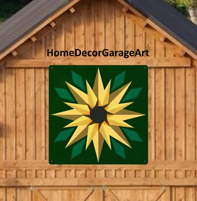 AMISH BARN QUILT DESIGNS Barn Quilt Art Metal Sign, Sunflower Square Green, Pennsylvania Dutch Amish