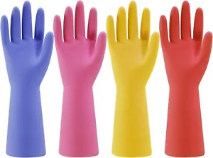 Rubber Kitchen Dishwashing Gloves - 4 Pairs Colorful Reusable Household Cleaning - Picture 1 of 6