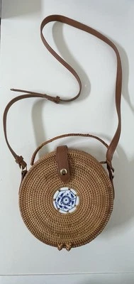 Round Woven Straw Raffia Blue and White  Inlay Crossbody Bag Leather Strap Brown - Image 1 of 4