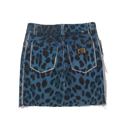 Dolce & Gabbana Vintage Women's Blue Leopard Print Denim Mini Skirt Raw Hem 40 - Image 1 of 4