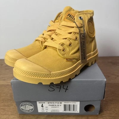 Botas infantis Palladium Pampa Hi V Varsity calêndula tamanho 4 sapatos amarelos - Imagem 1 de 4