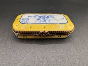 Limoges France “Yellow Blue Floral Rectangle” Decor Main Porcelain Trinket Box - Picture 1 of 9