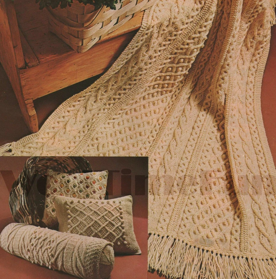 Knitting Pattern Vintage Aran Cable Afghan Blanket, Bolster & 2 Cushions. - Image 1 of 1