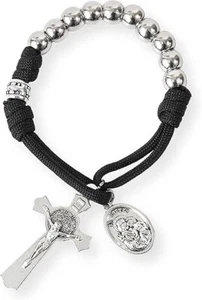 One Decade Black Paracord Rosary Silver Beads Pocket Rosary - Picture 1 of 7