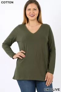 🌻 Plus Size Long Sleeve V-Neck Cotton Tees Dk Olive 2XL - Picture 1 of 2
