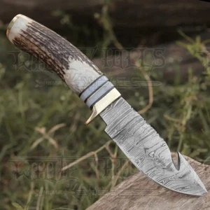 handmade Damascus Knife hunting fixed Gut Hook blade bowie knife stag knives - Picture 1 of 4