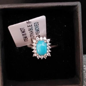 Sleeping Beauty Turquoise, Cambodian Zircon Ring (M) Platinum Over St.Silver 619 - Picture 1 of 12