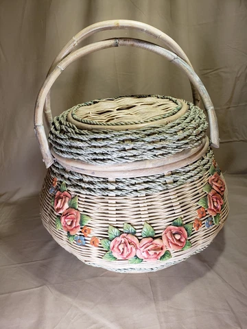 Vintage Wicker Picnic Basket w/ Applied Gesso Barbola Roses & Accessories Cover