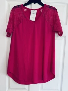 NWT Womens Zenana Dressy Shirt Large Pink V Neck Lace Sleeves Blouse - Picture 1 of 17