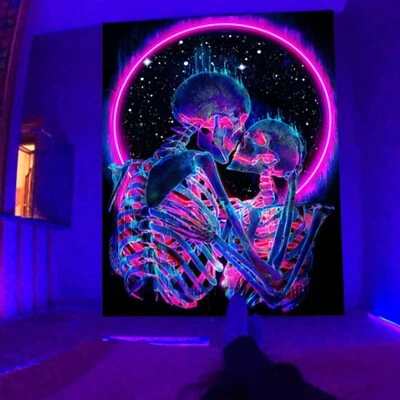Blacklight Skull Tapestry Trippy Skeleton Wall Tapestry UV Reactive Neon Plants - Image 1 of 4
