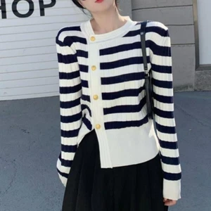 Women's Sweater Stripe Versatile Knit Long Sleeve Split Irregular Cardigan - Picture 1 of 15