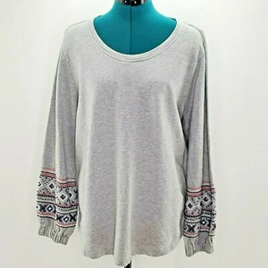 Style & Co Sweatshirt Cotton Embroidered Balloon Sleeve Gray Scoop Neck LARGE - Picture 1 of 11