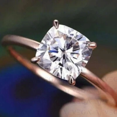 Anillo de boda solitario moissanita mina natural cojín de 3,0 quilates oro rosa sólido de 14 quilates Foto 1 de 4