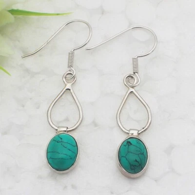 Silber Türkis Ohrringe 925 Sterling Handgemachter Schmuck Geburtsstein Ohrringe - Bild 1 von 2