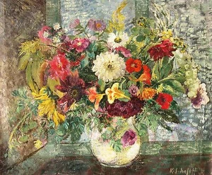 Käthe Schmitz-Imhoff 1893-1985 Köln / Gemälde üppiges Blumenstillleben in Zimmer - Bild 1 von 1