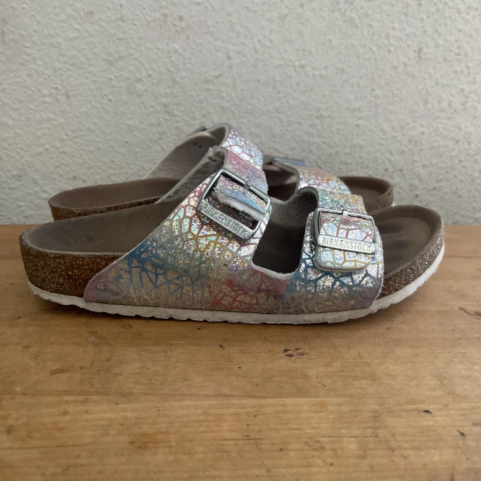 BIRKENSTOCK Kids Arizona Vegan Flashy Hologram Silver Microfiber Sandal Sz 34 - Image 1 of 4