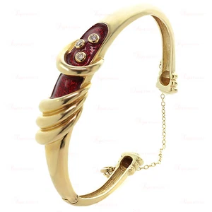 Bracelet 14k Yellow Gold Red Enamel Diamond Vintage Bangle - Picture 1 of 5