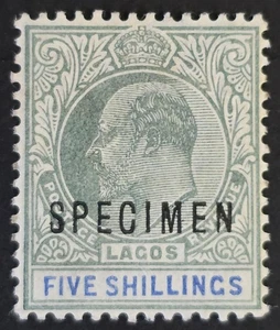 LAGOS NIGERIA 1904 Mint LH 5/- Green & Blue WMK Crown CA SG #52 S SPECIMEN - Picture 1 of 2