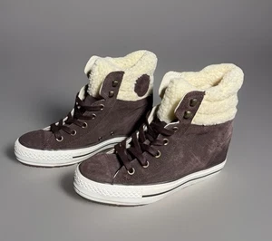 Converse Chuck Taylor Platform Plus Wedge Fur Collar Brown Suede Women’s 8.5 - Picture 1 of 14