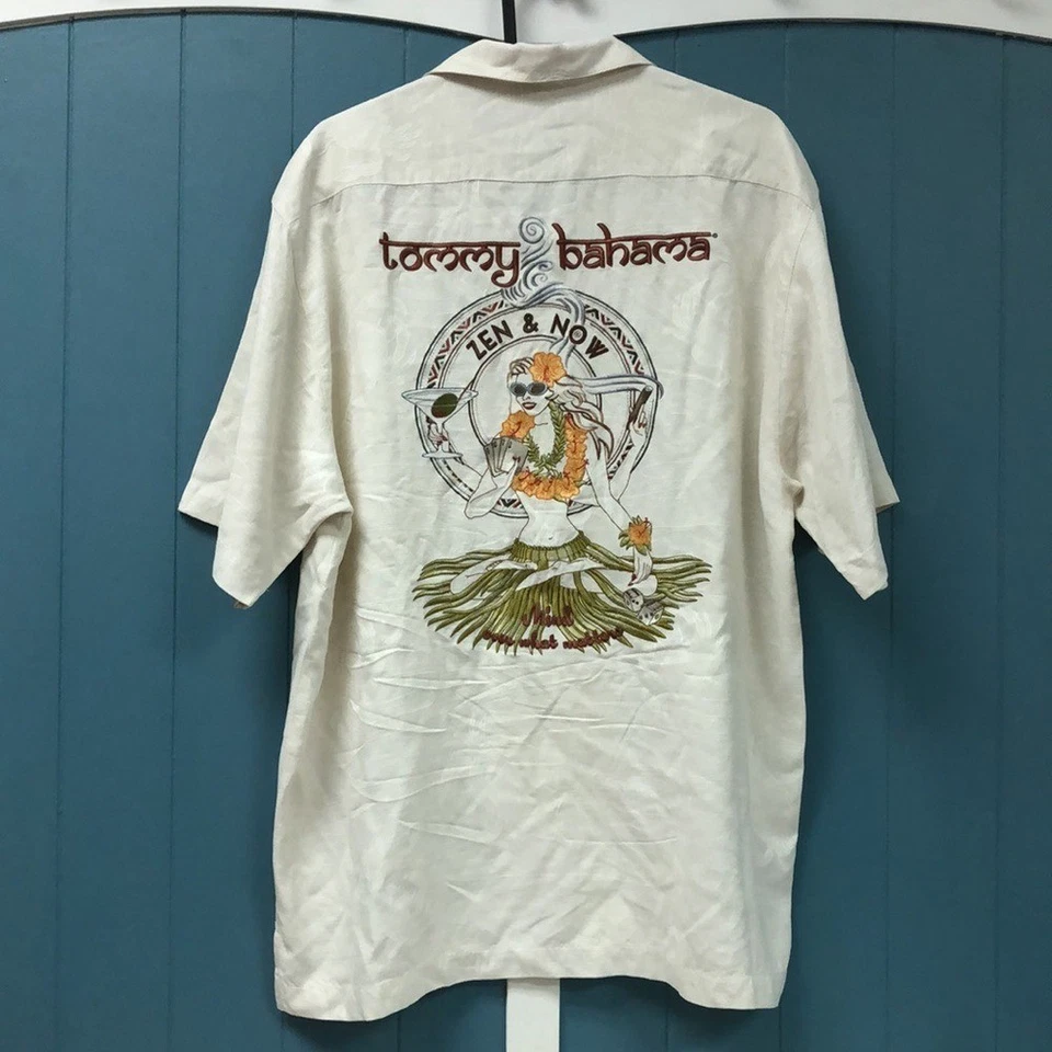 TOMMY BAHAMA MENS 'ZEN & NOW' HAWAIIAN OFF WHITE SILK ALOHA CAMP SHIRT S - Image 1 of 4