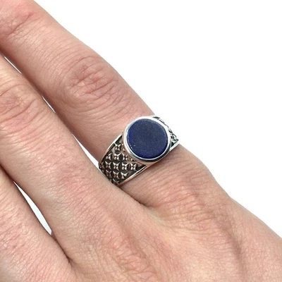 Anello a fascia in argento 925 lapislazzuli blu sigillo anello uomo... - Immagine 1 di 4