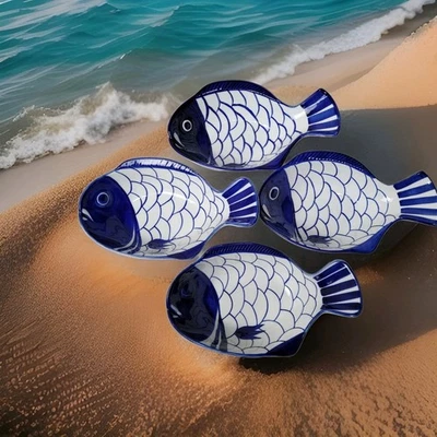 🐟Conjunto de 4 tigelas de sopa de peixe arabesco Dansk, azul cobalto, vintage dos anos 1990 - Imagem 1 de 4