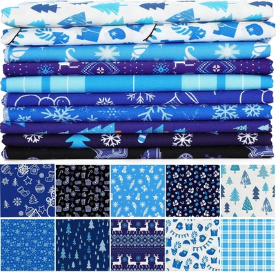 Paquetes de 10 cuartos de grasa cuadrados de tela de algodón de Navidad de 20 X 20 pulgadas azul blanco Foto 1 de 4