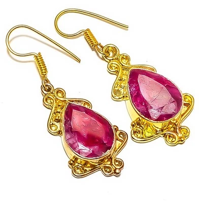 Pendiente antiguo enchapado en oro amarillo de 18k con piedras preciosas de rubí (simulado) 1,95" E7-598 Foto 1 de 3