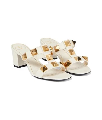 Valentino Garavani Roman Stud Slide Sandal Leather White/Gold 37 - Image 1 of 4