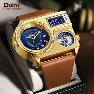 Oulm Men's Dual Display Two Time Zone Quartz Big Watch Genuine Leather Watches