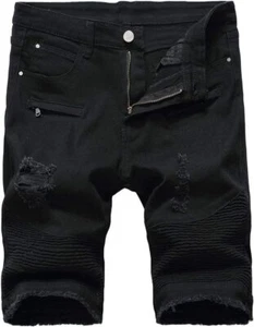 Men's Slim Fit Ripped Printed Denim Shorts Casual Summer Beachwear - Picture 1 of 29