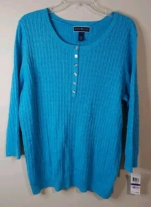 KAREN SCOTT Turquoise Cable Knit Womens 3/4 Sleeve Henley Light Sweater  XXL NWT - Picture 1 of 9