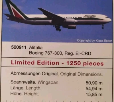 Herpa Wings 1:500 ALITALIA Boeing 767/300 NG New LIMITED EDITION  - Immagine 1 di 4