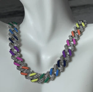 Hip Hop Cuban Link Chain Ice Crystal Rhinestone Chunky Silver Tone Necklace, 18” - Picture 1 of 8
