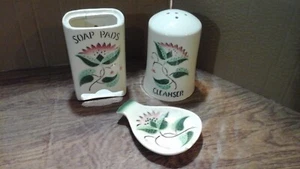 Ceramic Soap Pad Container, Cleanser Cover & Soap Dish 3 Piece Set Vintage Rare - Picture 1 of 14
