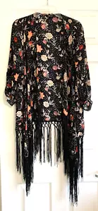 Torrid Womens Cardigan Womens 0 Black Floral Fringe Roll Tab Sleeve Whimsigoth - Picture 1 of 12