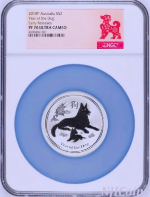 RARE NGC Grade PF 70 on Bullion 2018 Silver Lunar Year of the DOG 2oz $2 Coin ER - Image 1 of 2