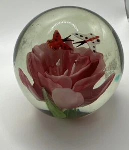 Vintage Glass Round Paperweight Pink Flower Butterflies Design - Picture 1 of 11