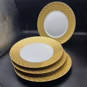222 Fifth Set (4) Dinner Plates Urban Link Gold Banded Fine China Porcelain 11" - Picture 1 of 10