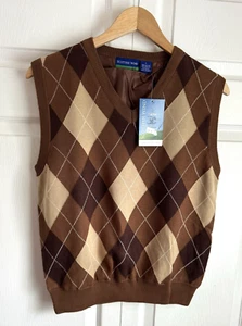 SCOTTISH WIND GOLF YOUTH Lined V Neck Sweater Vest Argyle Tobacco Brown Sz L - Picture 1 of 5