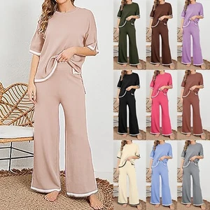 Womens 2 Piece Outfits Lounge Sets Short Sleeve Pullover Sweater Wide Leg Pants - Picture 1 of 54