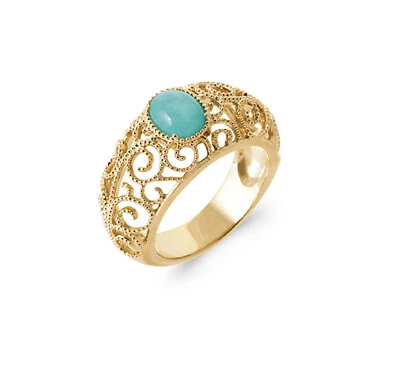 Ring Vergoldet 18 Karat - Cabochon Amazonit Oval Und Ring Arabesque - Bild 1 von 4