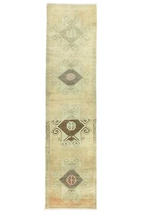 2.7x10.9 ft Vintage Mocha Oushak Runner Rug,Turkish Tribal Hand Knotted Wool Rug - Picture 1 of 12