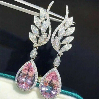 Lab Created Pear Cut Pink Sapphire Women's Drop Dangle Handmade Silver Earrings - Image 1 of 4