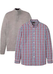 Herren Pullover mit Troyer Kragen und Hemd Gr. 48/50 Grau + Weiß/Rot/Blau Neu - Bild 1 von 1