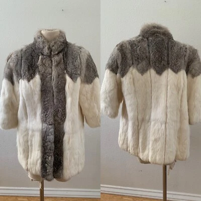 Vintage Berman’s Two-Tone Rabbit Fur Coat Size Small Elbow Length Sleeves - Image 1 of 4