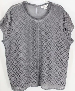 Coldwater Creek Womens 1X Gray Lacey Front Cap Sleeves Round Neck Blouse - Picture 1 of 4