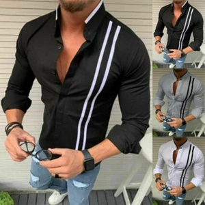 Men Casual Formal Slim Dress Shirts Tops Stand Collared Long Sleeve Button Shirt - Picture 1 of 24